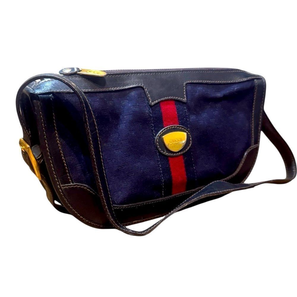 Gucci Vintage Navy Blue Canvas & Leather Sherry Line Messenger Bag Monogram Auth - Picture 2 of 9
